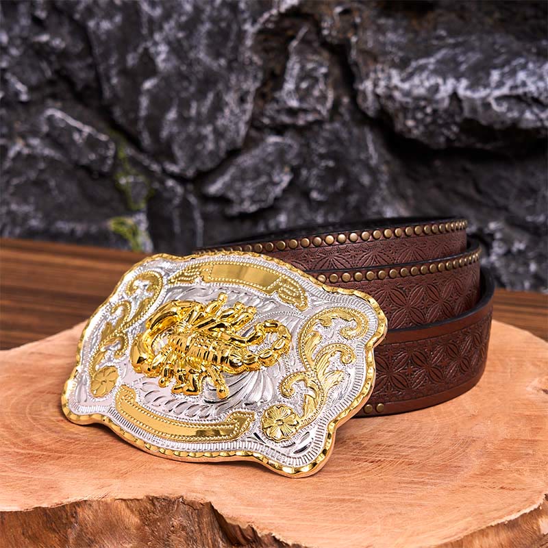 Gold Silver Floral Scorpion DIY Buckle Leather Belt - Scorpion - Brown Rivet Belt - 42 - image 8