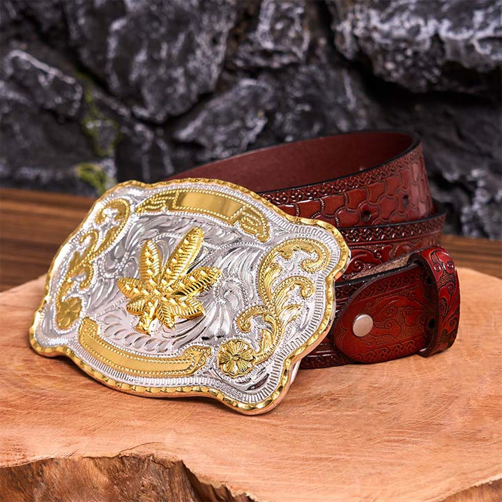 Gold Silver Floral Maple DIY Buckle Leather Belt - Maple - Brown Carved Belt - 42 - image 10