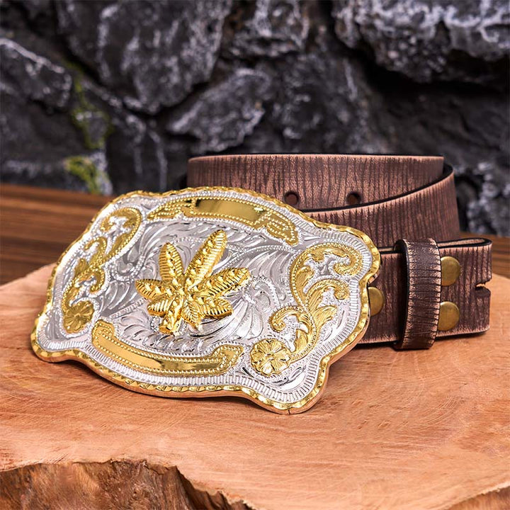 Gold Silver Floral Maple DIY Buckle Leather Belt - Maple - Brown Distressed Belt - 42 - image 9