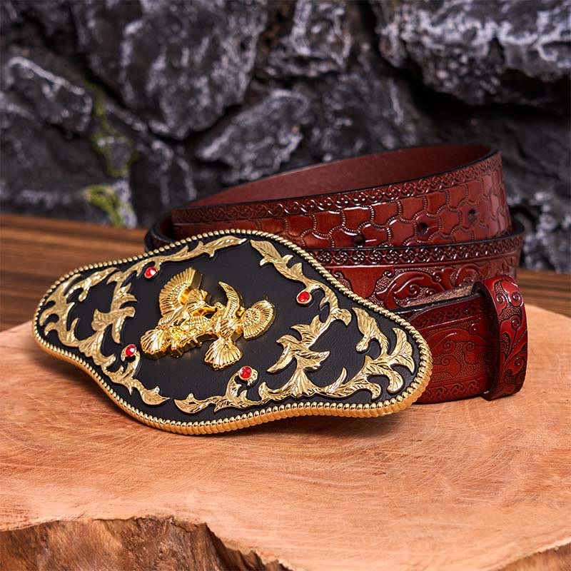 Black And Gold Eagles DIY Buckle Leather Belt - Black And Gold Eagles - Brown Carved Belt - 42 - image 10