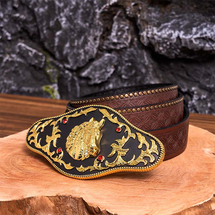 Black And Gold Horse Head DIY Buckle Leather Belt - Black And Gold Horse Head - Brown Rivet Belt - 42 - image 8
