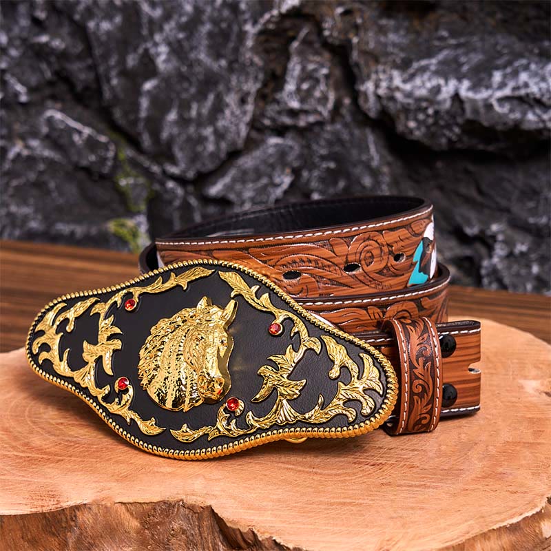 Black And Gold Horse Head DIY Buckle Leather Belt - Black And Gold Horse Head - Brown Feather Belt - 40 - image 11