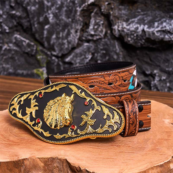 Black And Gold Horse Head DIY Buckle Leather Belt - Black And Gold Horse Head - Brown Feather Belt - 40 - image 11