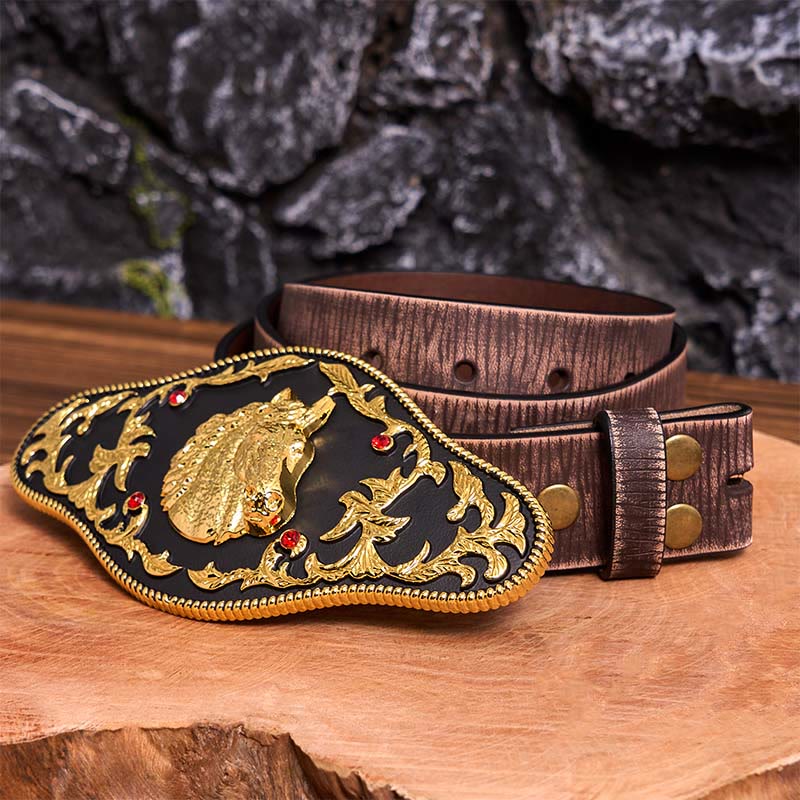 Black And Gold Horse Head DIY Buckle Leather Belt - Black And Gold Horse Head - Brown Distressed Belt - 42 - image 9
