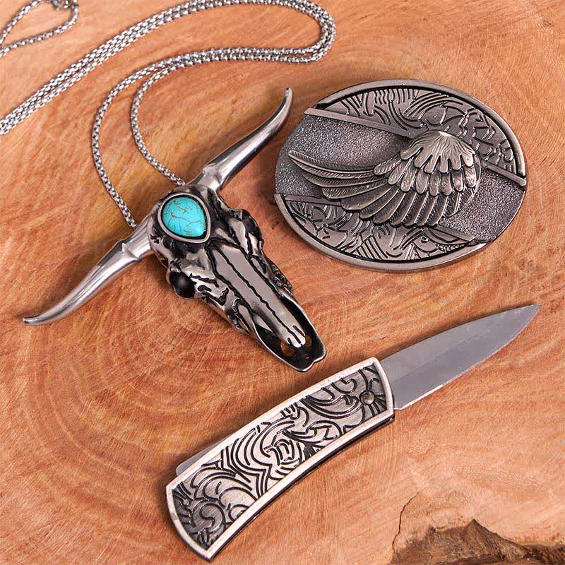 Angel Wing DIY Hidden Knife Belt Buckle Turquoise Longhorn Bull Pendant Bundle Set