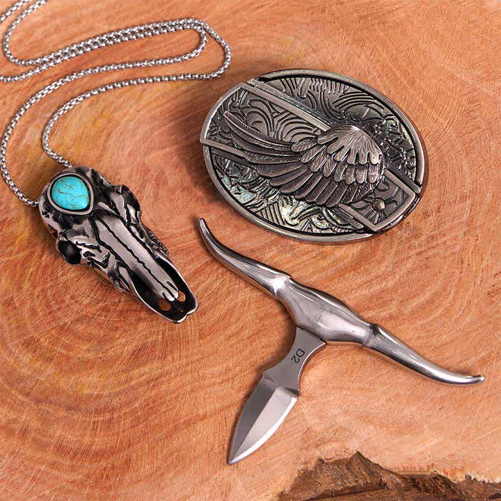 Angel Wing DIY Hidden Knife Belt Buckle Turquoise Longhorn Bull Pendant Bundle Set