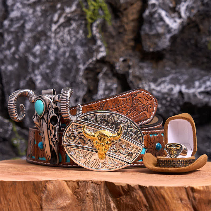 Gold Bull DIY Hidden Knife Belt Buckle Turquoise Skull Sheep Pendant Bundle Set