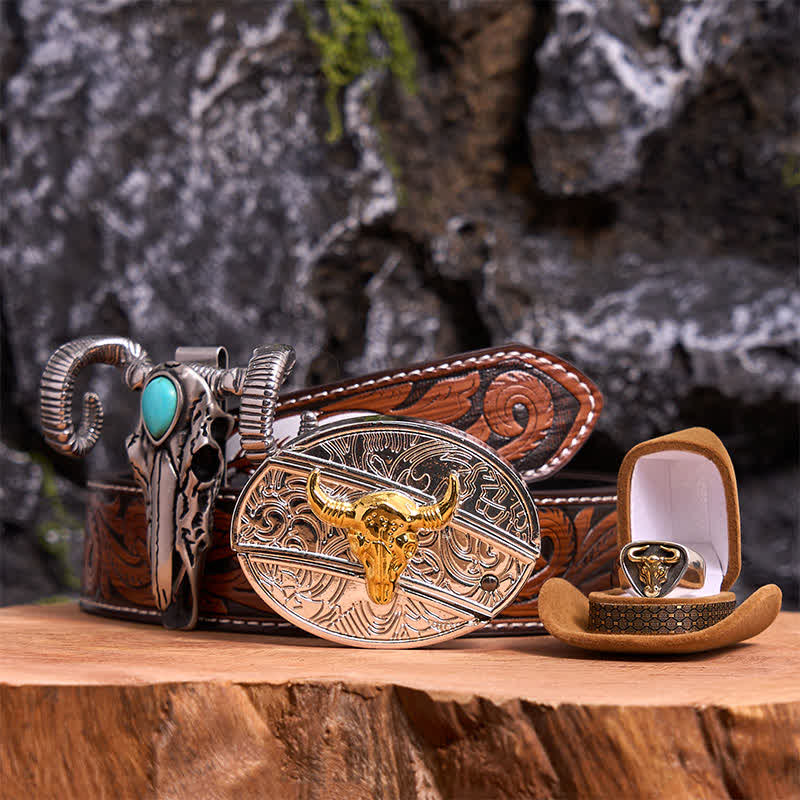 Gold Bull DIY Hidden Knife Belt Buckle Turquoise Skull Sheep Pendant Bundle Set