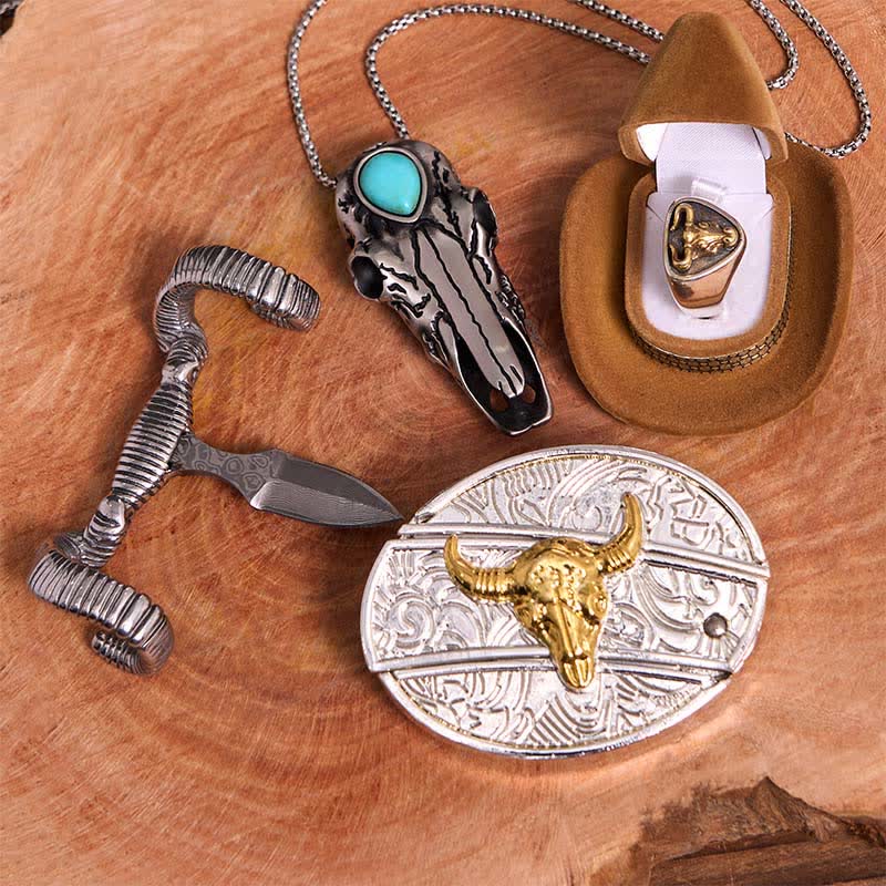 Gold Bull DIY Hidden Knife Belt Buckle Turquoise Skull Sheep Pendant Bundle Set