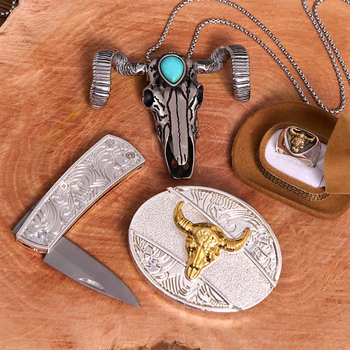 Gold Bull DIY Hidden Knife Belt Buckle Turquoise Skull Sheep Pendant Bundle Set