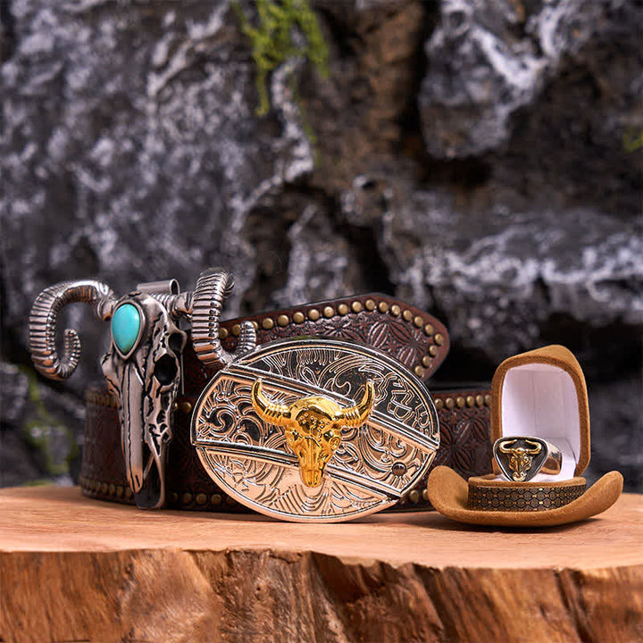 Gold Bull DIY Hidden Knife Belt Buckle Turquoise Skull Sheep Pendant Bundle Set