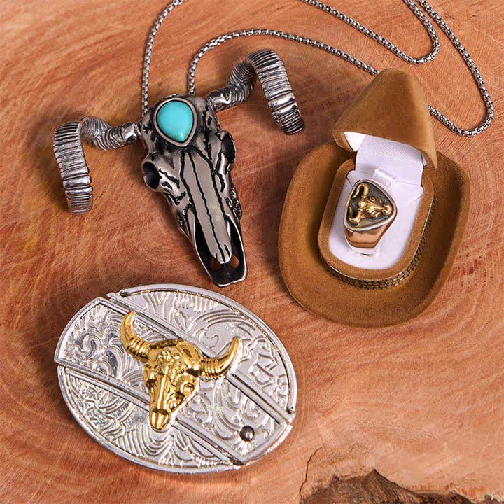 Gold Bull DIY Hidden Knife Belt Buckle Turquoise Skull Sheep Pendant Bundle Set
