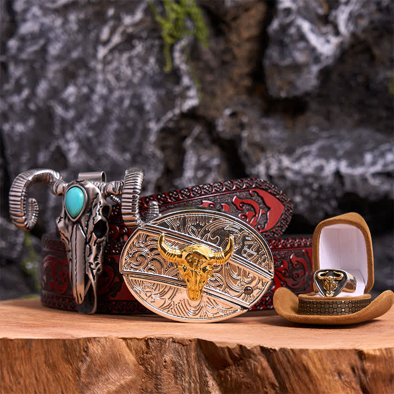 Gold Bull DIY Hidden Knife Belt Buckle Turquoise Skull Sheep Pendant Bundle Set