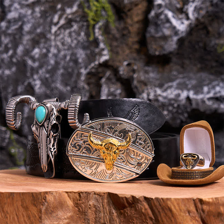 Gold Bull DIY Hidden Knife Belt Buckle Turquoise Skull Sheep Pendant Bundle Set