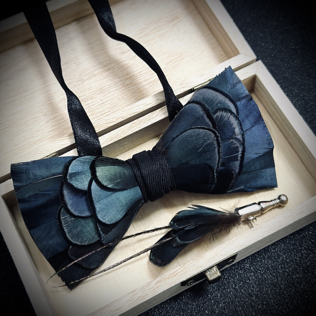 Slate Blue Feather Bow Tie with Lapel Pin