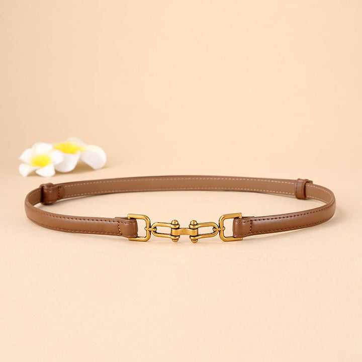 Women's Skinny Horseshoe Buckle Belt Snaffle Bit Leather Belt