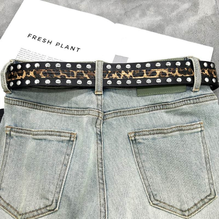 Women's Leopard Print Belt With Rivet Leather Belt