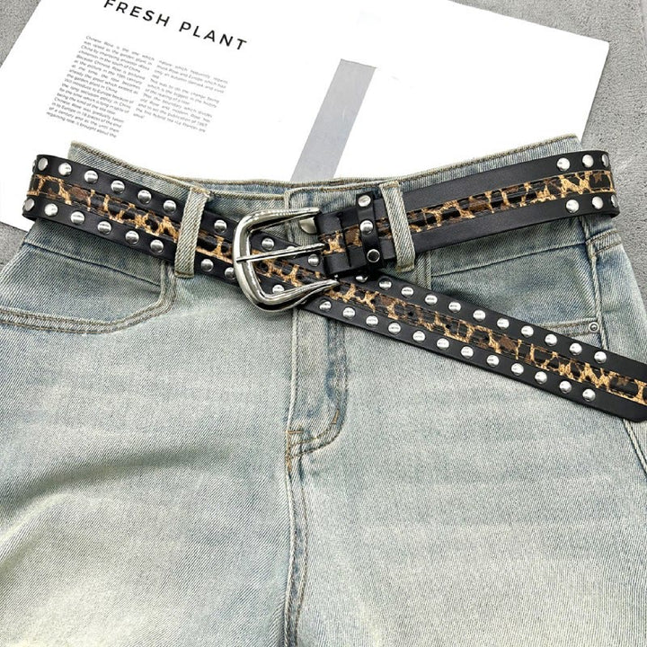 Women's Leopard Print Belt With Rivet Leather Belt