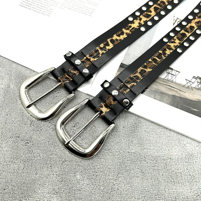 Women's Leopard Print Belt With Rivet Leather Belt
