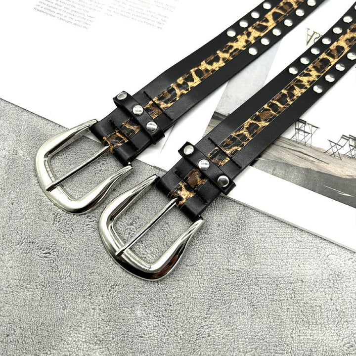 Women's Leopard Print Belt With Rivet Leather Belt