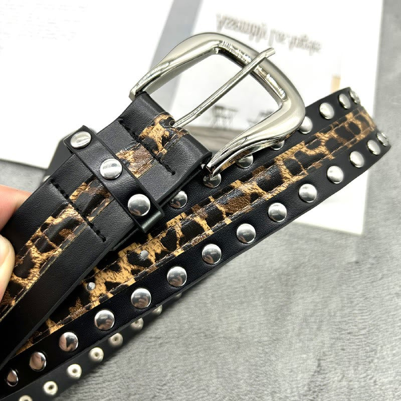 Women's Leopard Print Belt With Rivet Leather Belt