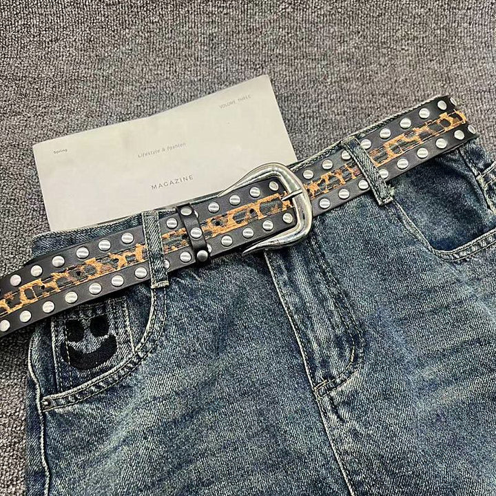 Women's Leopard Print Belt With Rivet Leather Belt