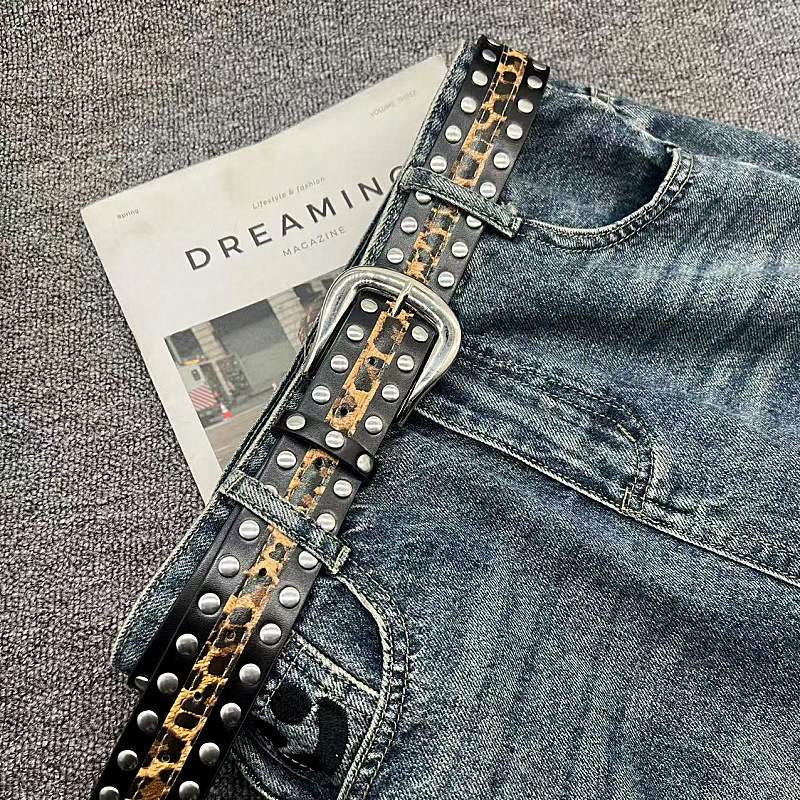 Women's Leopard Print Belt With Rivet Leather Belt