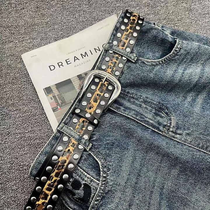 Women's Leopard Print Belt With Rivet Leather Belt