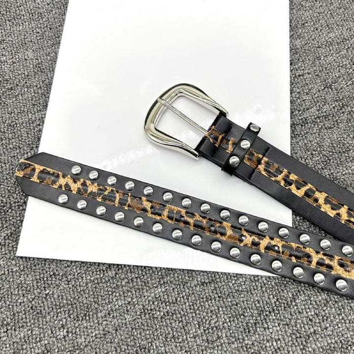 Women's Leopard Print Belt With Rivet Leather Belt