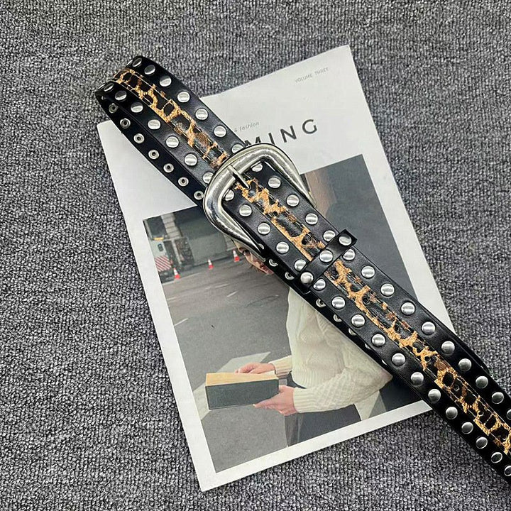 Women's Leopard Print Belt With Rivet Leather Belt