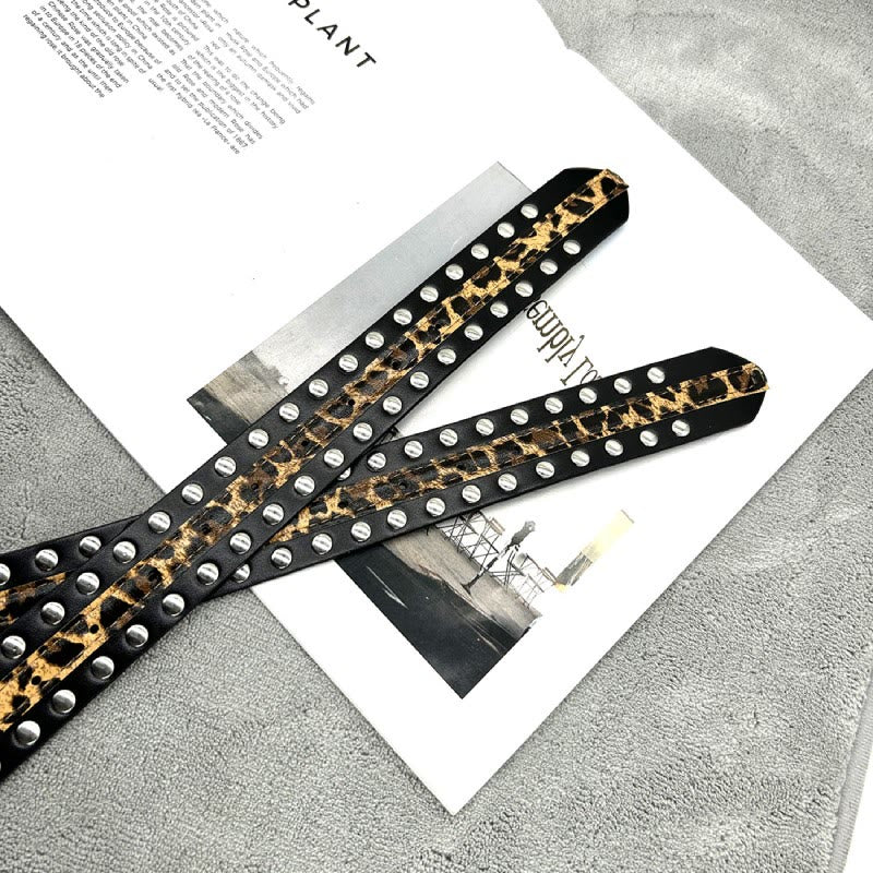 Women's Leopard Print Belt With Rivet Leather Belt