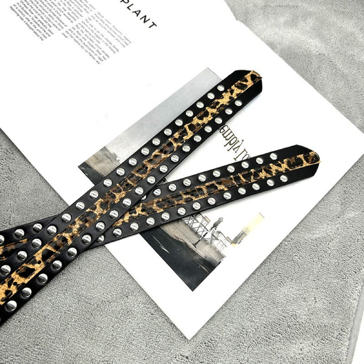 Women's Leopard Print Belt With Rivet Leather Belt