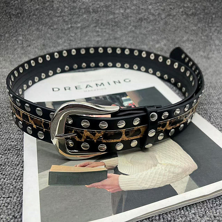 Women's Leopard Print Belt With Rivet Leather Belt