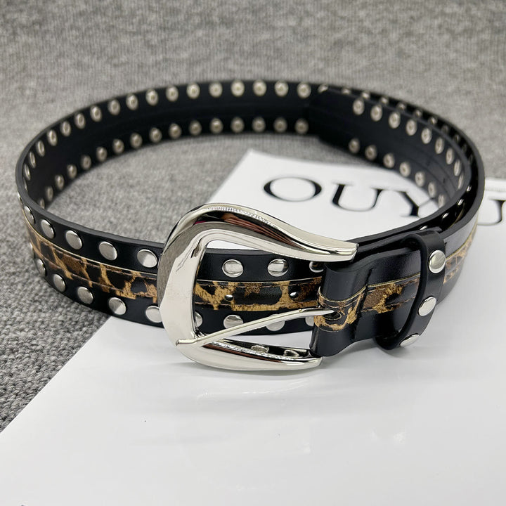 Women's Leopard Print Belt With Rivet Leather Belt