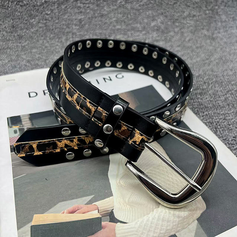 Women's Leopard Print Belt With Rivet Leather Belt