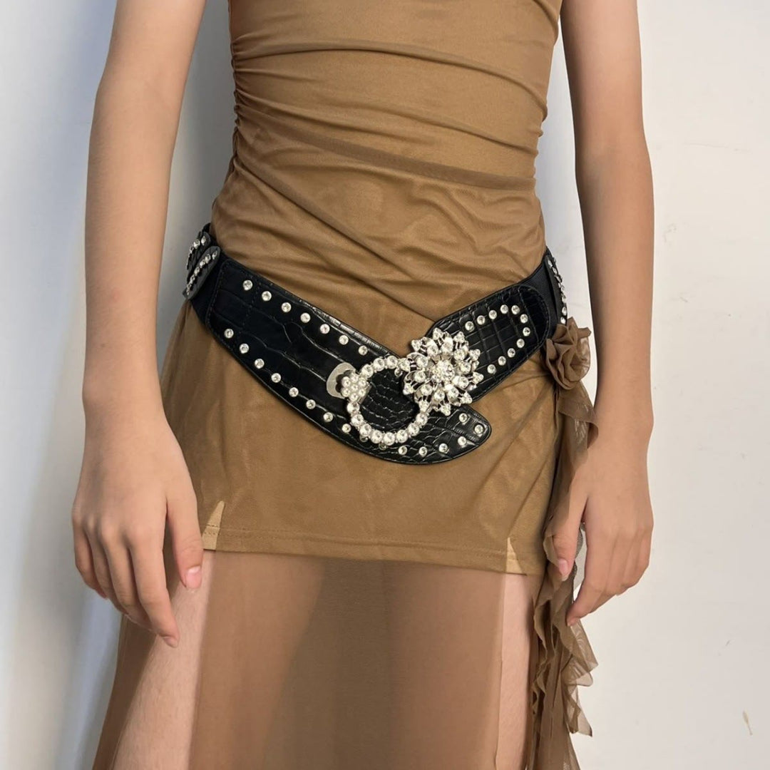 Rhinestone Splicing Wide Waist Belt Balck Corset Belt