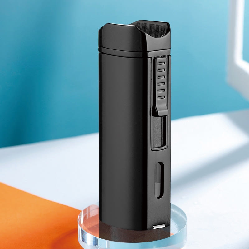 Windproof Triple Burner Lighter With Folding Cigar Cutter