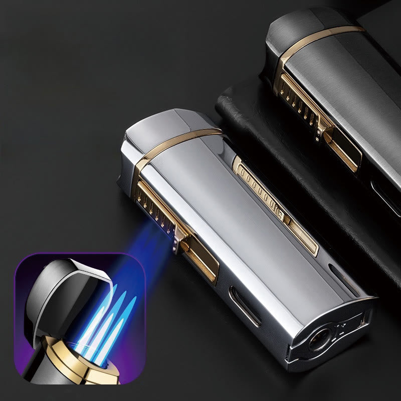 Windproof Triple Burner Lighter With Folding Cigar Cutter