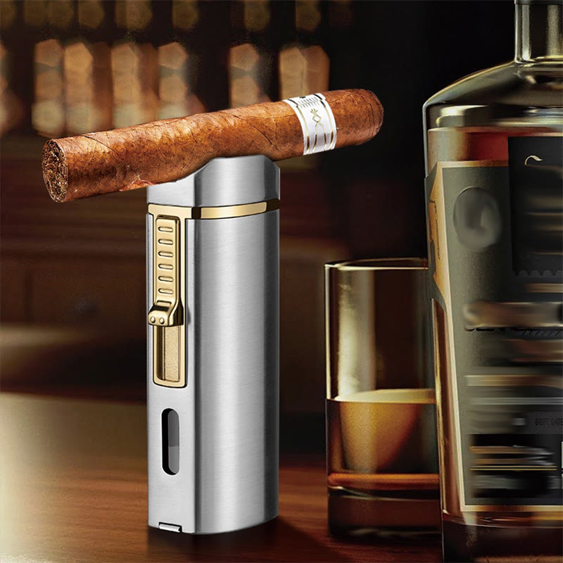 Windproof Triple Burner Lighter With Folding Cigar Cutter