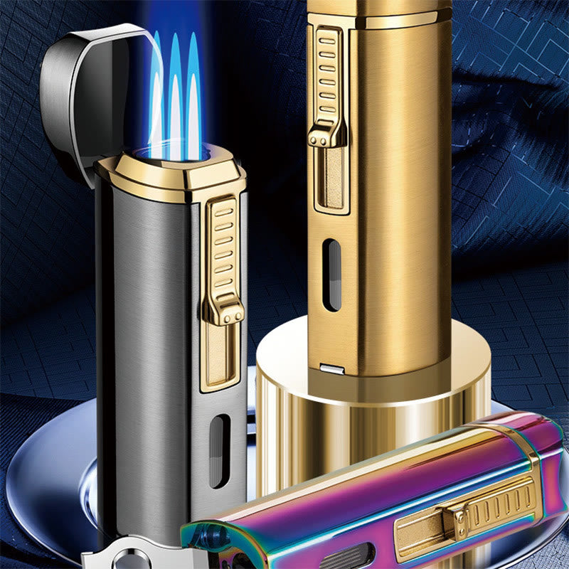 Windproof Triple Burner Lighter With Folding Cigar Cutter