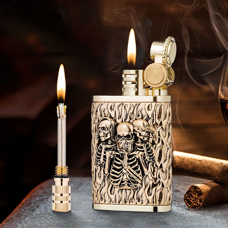 2-In-1 Permanent Match Flint Wheel Embossing Skull Kerosene Lighter - Embossing Skull - image 0