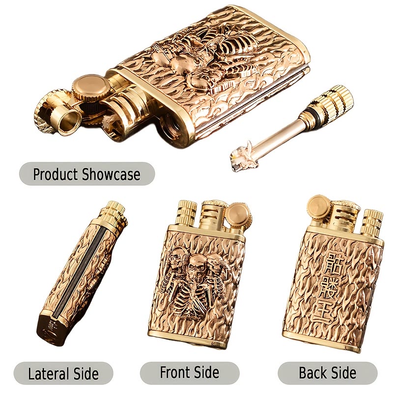 2-In-1 Permanent Match Flint Wheel Embossing Skull Kerosene Lighter - image 2