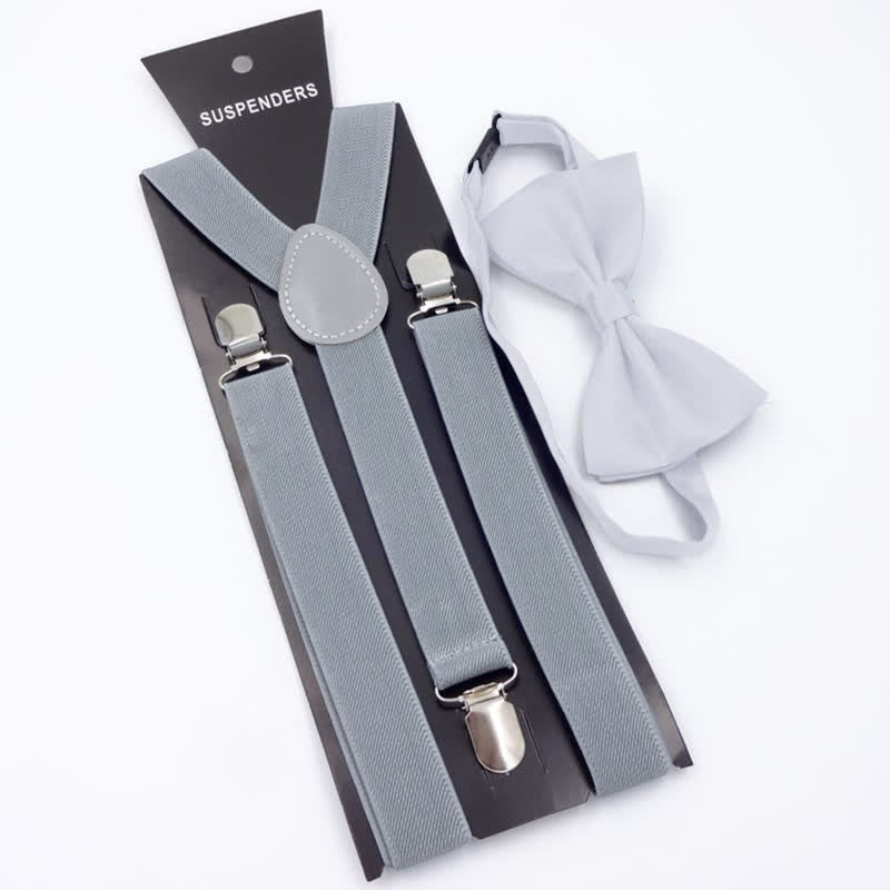 2Pcs Solid Color Bow Tie 3-Clips Adjustable Suspenders Set