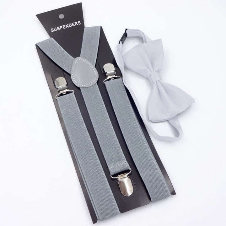 2Pcs Solid Color Bow Tie 3-Clips Adjustable Suspenders Set
