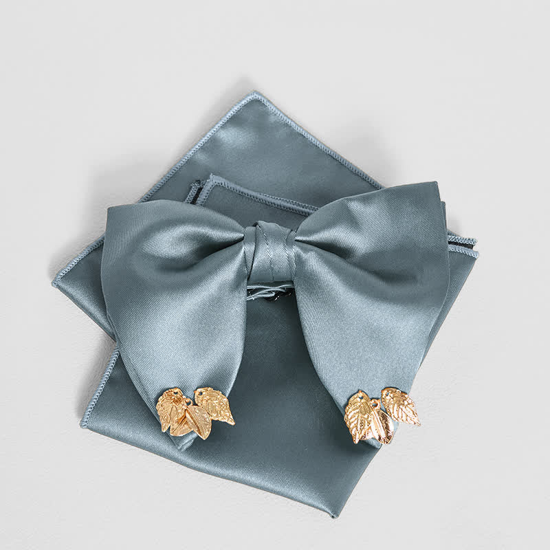 Men's Double-Layers Leaves Oversized Bow Tie Pocket Square