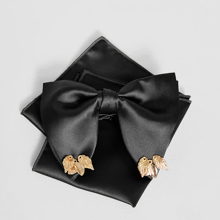 Men's Double-Layers Leaves Oversized Bow Tie Pocket Square