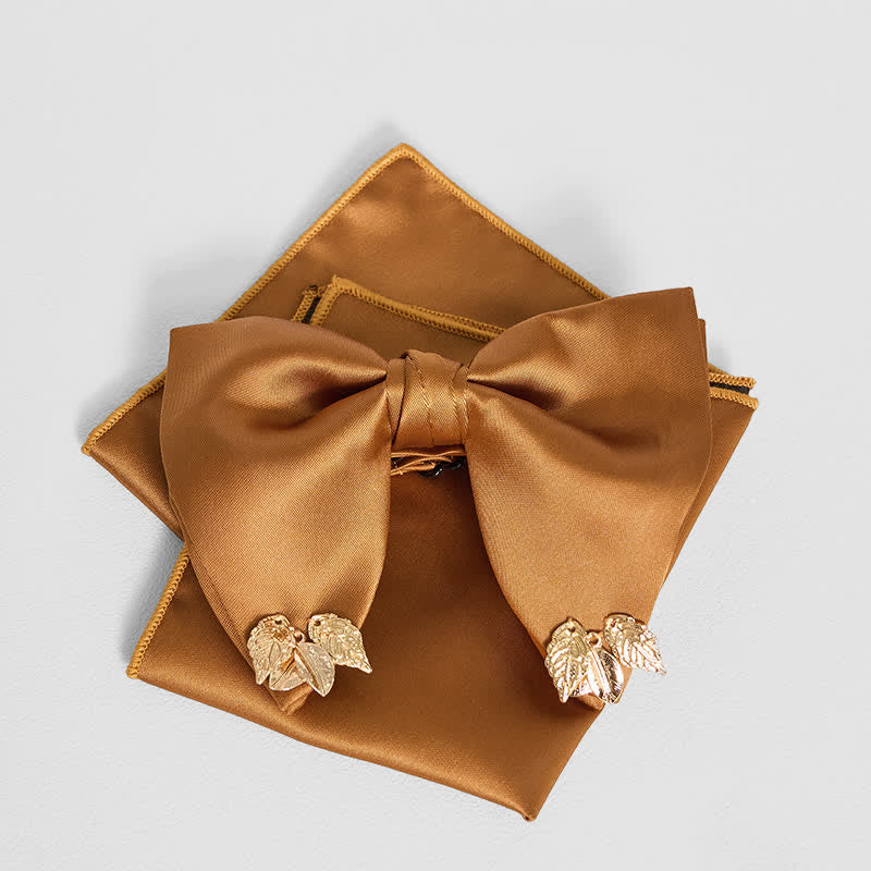 Men's Double-Layers Leaves Oversized Bow Tie Pocket Square