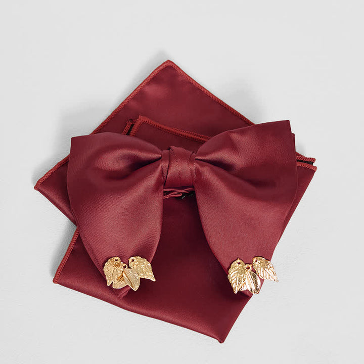 Men's Double-Layers Leaves Oversized Bow Tie Pocket Square