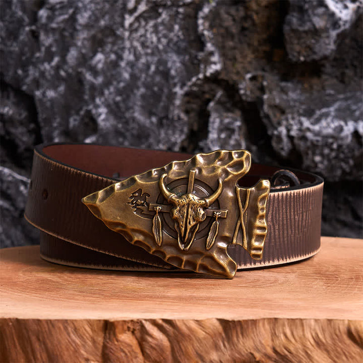 Bronze Triangle DIY Arrowhead Shaped Bull Buckle Leather Belt