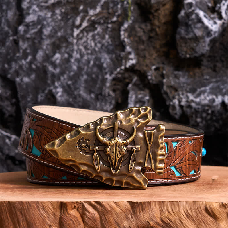 Bronze Triangle DIY Arrowhead Shaped Bull Buckle Leather Belt